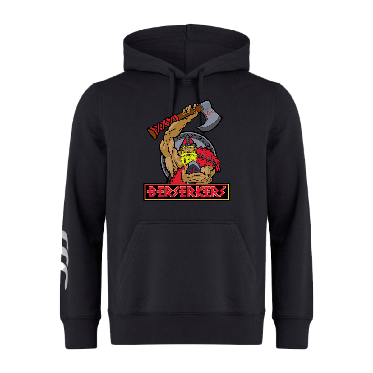 A Berserkers Club Hoodie by Canterbury in black featuring a graphic of a muscular, masked figure wielding an axe with the text "BERSERKERS" below. Crafted from cozy sweatshirt fleece, this hoodie includes WRS Canterbury branding and additional design elements on the right sleeve.