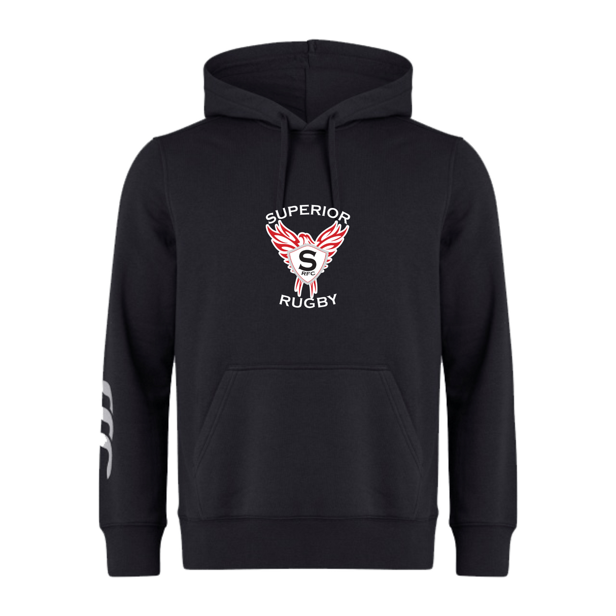 The Superior Rugby Club Club Hoodie by WRS Canterbury features a front pocket, "Superior Rugby" logo with a red and white winged emblem on the chest, and three white stripes on the left sleeve—ideal for rugby fans and players.