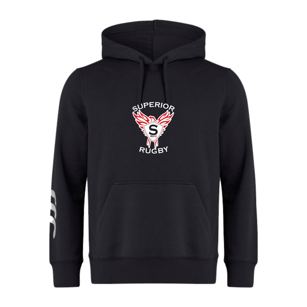 The Superior Rugby Club Club Hoodie by WRS Canterbury features a front pocket, "Superior Rugby" logo with a red and white winged emblem on the chest, and three white stripes on the left sleeve—ideal for rugby fans and players.