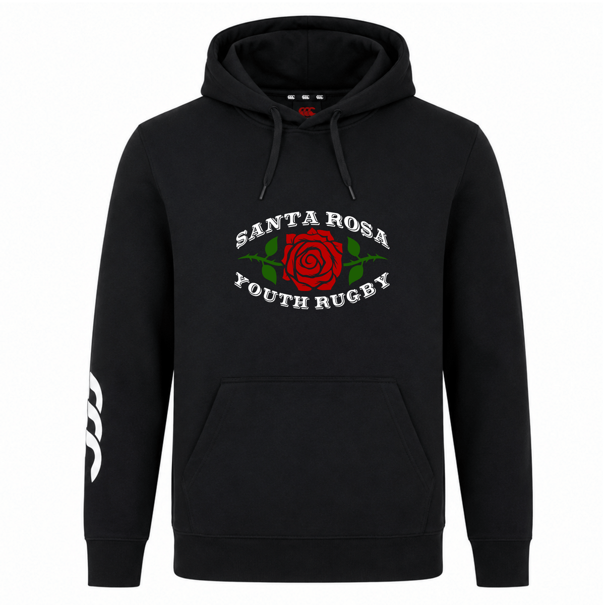 The Santa Rosa Youth Rugby Club Hoodie by Canterbury from WRS Canterbury features a striking red rose graphic and “Santa Rosa Youth Rugby” text on the front, along with a crisp white logo on the left sleeve—making it the perfect custom hoodie for fans of your favorite rugby club.