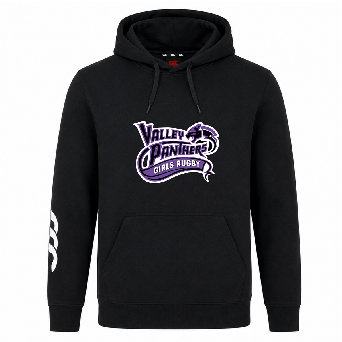 The Valley Panthers Girls Rugby Club Hoodie by WRS Canterbury is a black sweatshirt fleece hoodie featuring bold white stripes on the right sleeve, a striking panther logo on the chest, and “Valley Panthers Girls Rugby” text.