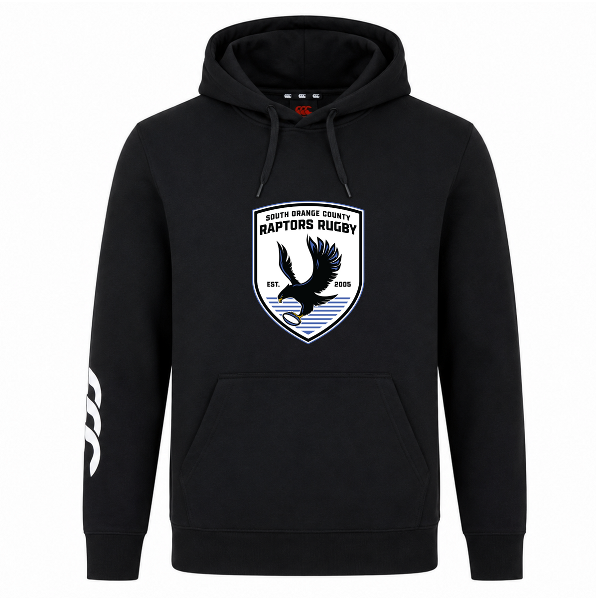 The South Orange County Raptors Club Hoodie by Canterbury, from WRS Canterbury, is a black hooded sweatshirt featuring a “South Orange County Raptors Rugby” crest—with a raptor and rugby ball—on the chest and a bold white triple-stripe design on the right sleeve. This custom hoodie is perfect for showcasing your team spirit, making it an ideal rugby club hoodie for both fans and players.