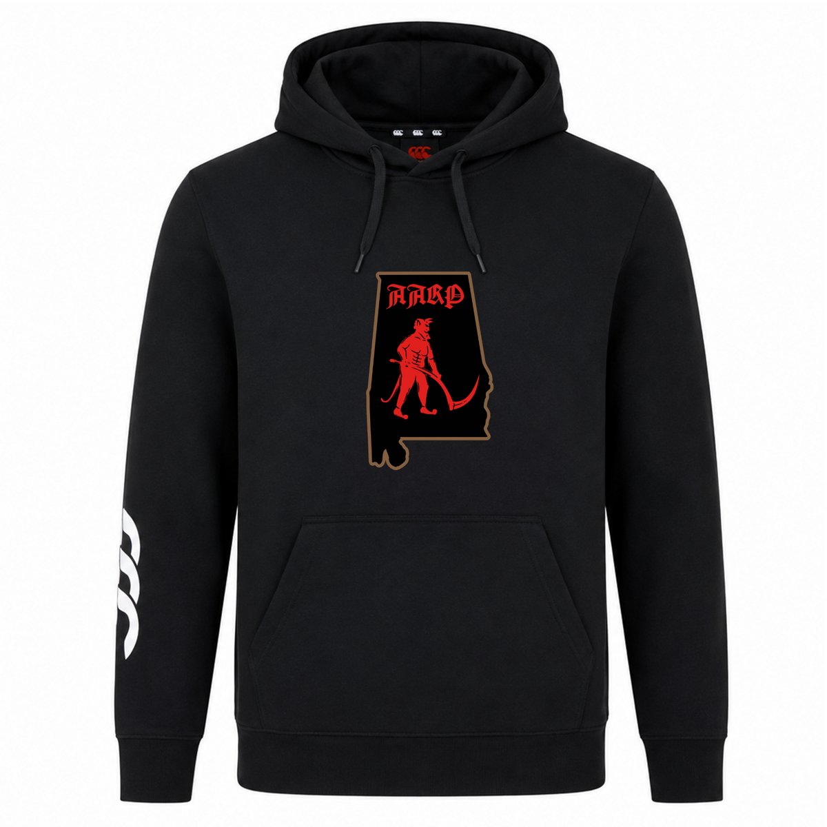 Aging Alabama Rugby Players Club Hoodie by WRS Canterbury featuring a red graphic on the chest with an Alabama state outline, a devil figure holding a scythe, and the word “AARP” in gothic lettering.