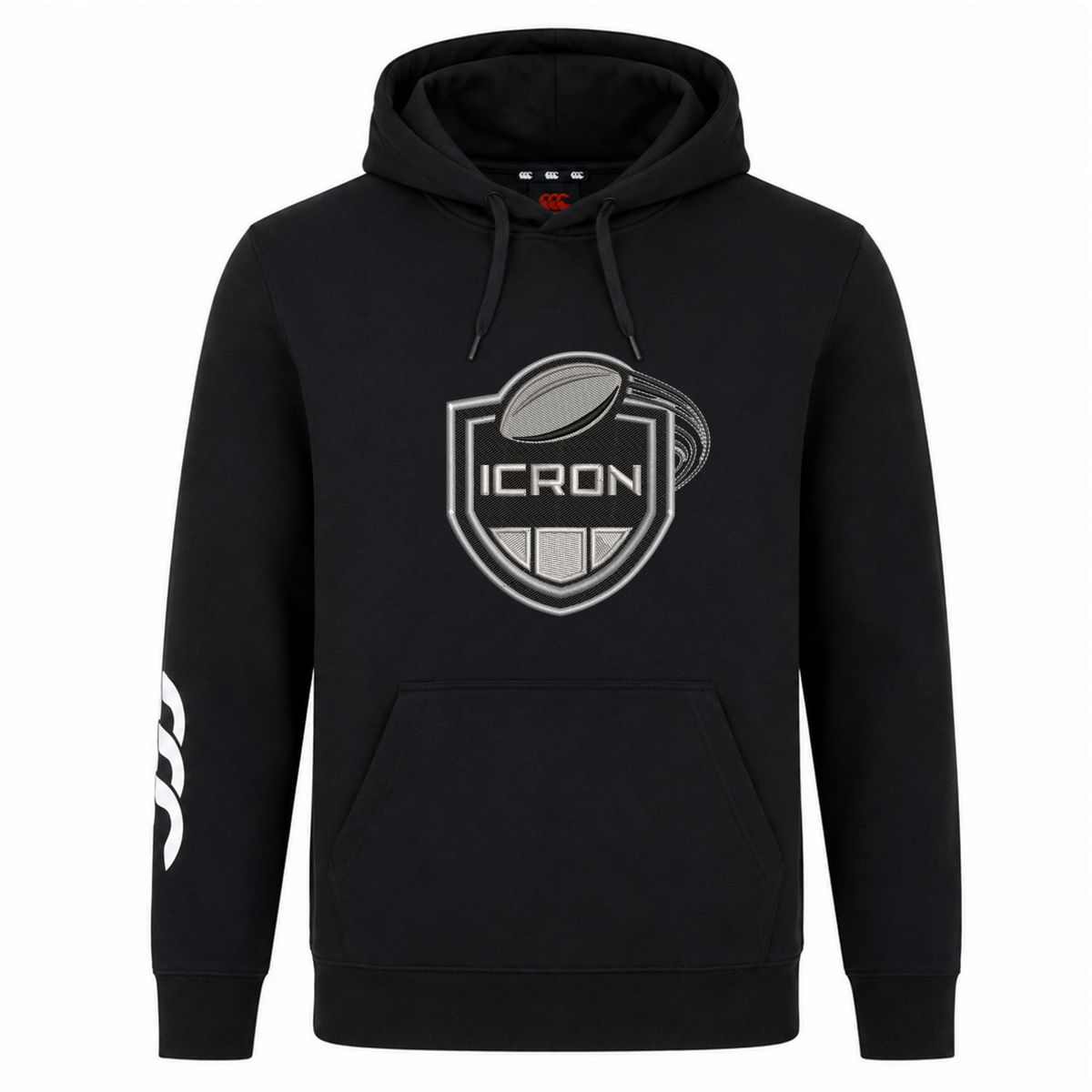 Black ICRON Club Hoodie by Canterbury with a drawstring hood, front kangaroo pocket, and an ICRON rugby club crest graphic on the chest.