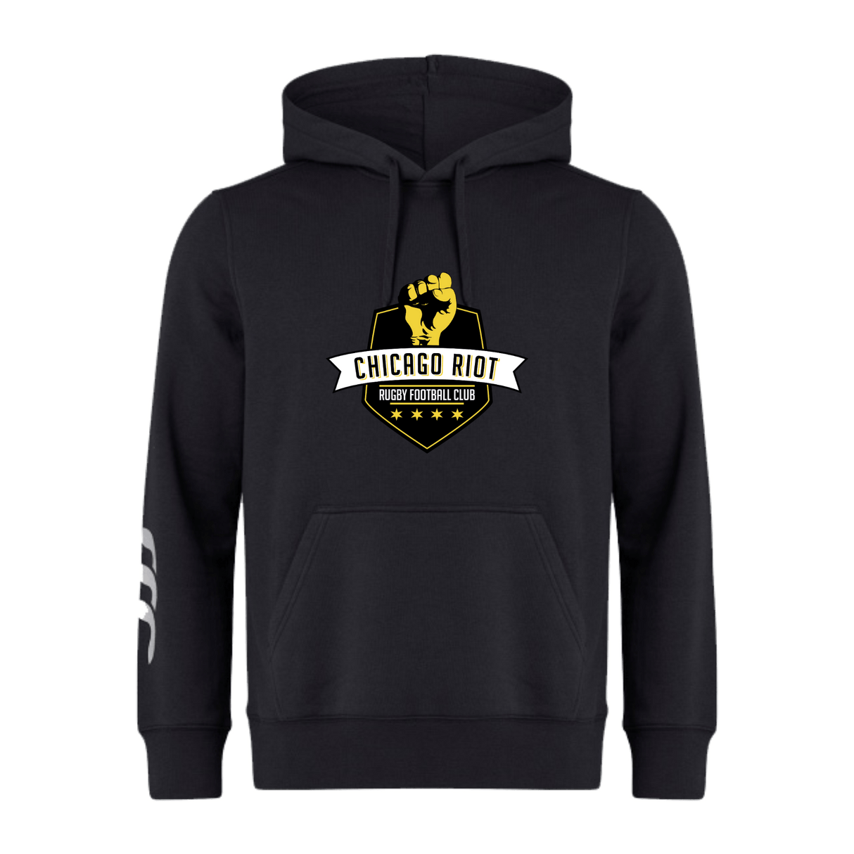 The Chicago Riot Club Hoodie by Canterbury from WRS Canterbury features a yellow and white club logo on the chest and a white sleeve stripe—perfect for any rugby hoodie collection.