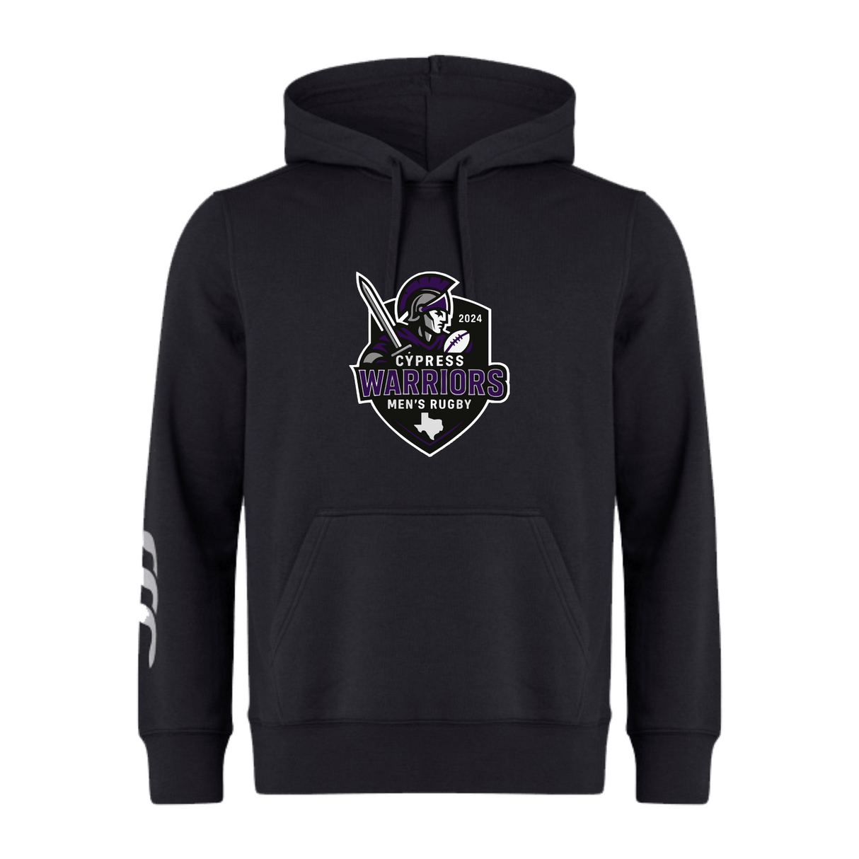 The Cypress Warriors Men's Rugby Club Hoodie by Canterbury from WRS Canterbury features a 2024 logo, warrior graphic, and a bold white left sleeve stripe—making it the perfect official hoodie for rugby fans.