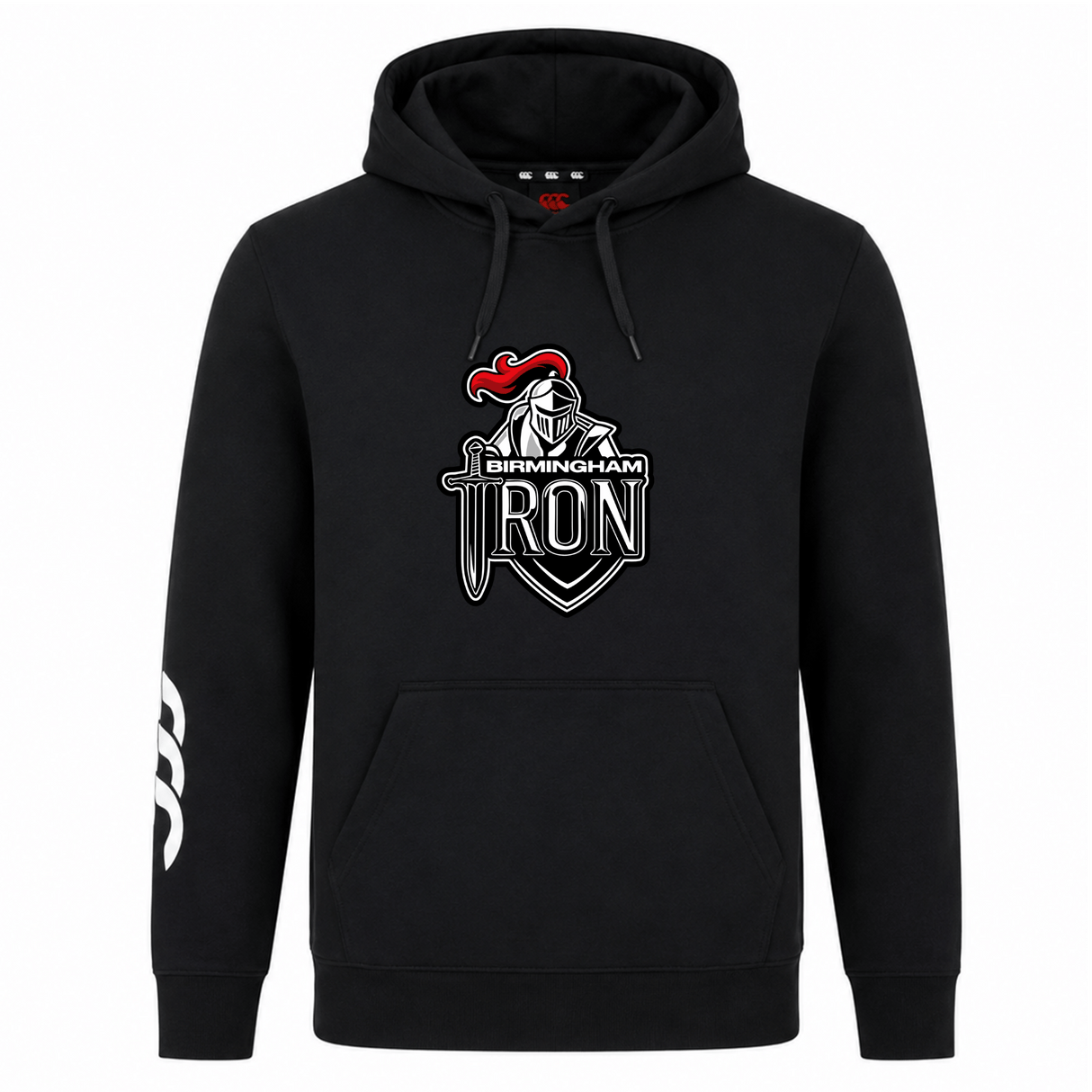 The Birmingham Iron Women's Football Club Hoodie by WRS Canterbury features a front knight’s helmet graphic with red plume, "Birmingham Iron" text above a sword and shield, and three white stripes on the right sleeve.