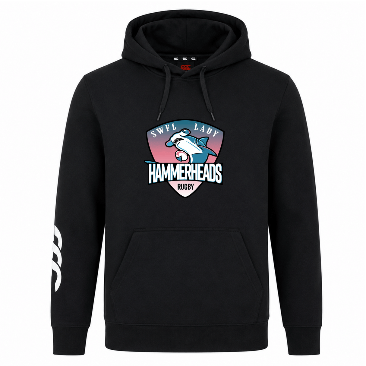 The SWFL Lady Hammerheads Club Hoodie by WRS Canterbury is a black rugby hoodie featuring the team logo with shark graphic on the chest and a white triple-stripe detail on the left sleeve.