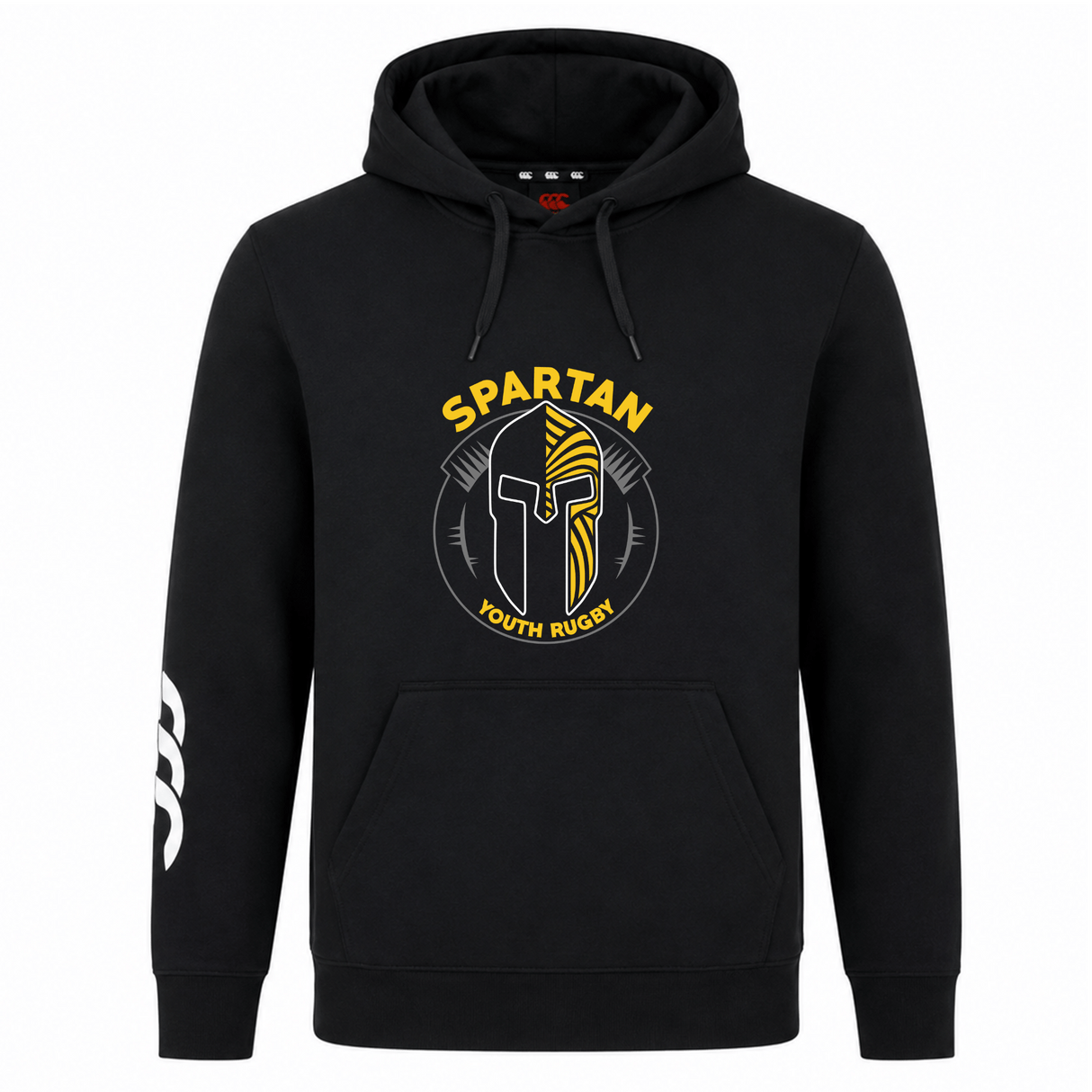 The Spartan Youth Rugby Club Hoodie by WRS Canterbury features a black hooded design with a Spartan helmet and "SPARTAN YOUTH RUGBY" text, plus a white logo on the right sleeve—ideal as a custom rugby club hoodie.