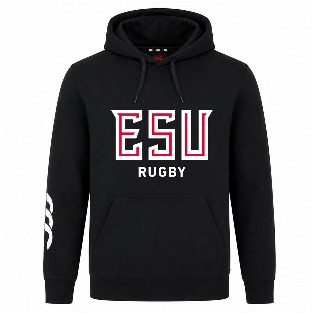 The East Stroudsburg University Club Hoodie by WRS Canterbury features "ESU RUGBY" in white and red on the front and a white right sleeve graphic—perfect for dedicated rugby fans.