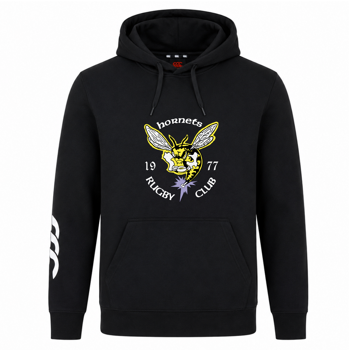The Hornets Rugby Club 1977 Club Hoodie by Canterbury from WRS Canterbury features a black design with a "Hornets Rugby Club 1977" logo and hornet graphic on the chest, as well as a white stylized detail on the right sleeve. This custom hoodie blends classic sportswear style with unique accents, perfect for any rugby enthusiast.