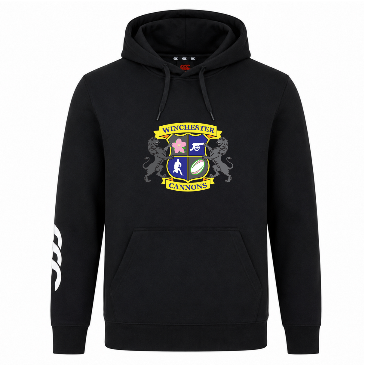 The Winchester Cannons Club Hoodie by WRS Canterbury features a colorful club crest on the chest and a white sleeve graphic—a must-have black rugby hoodie for fans.