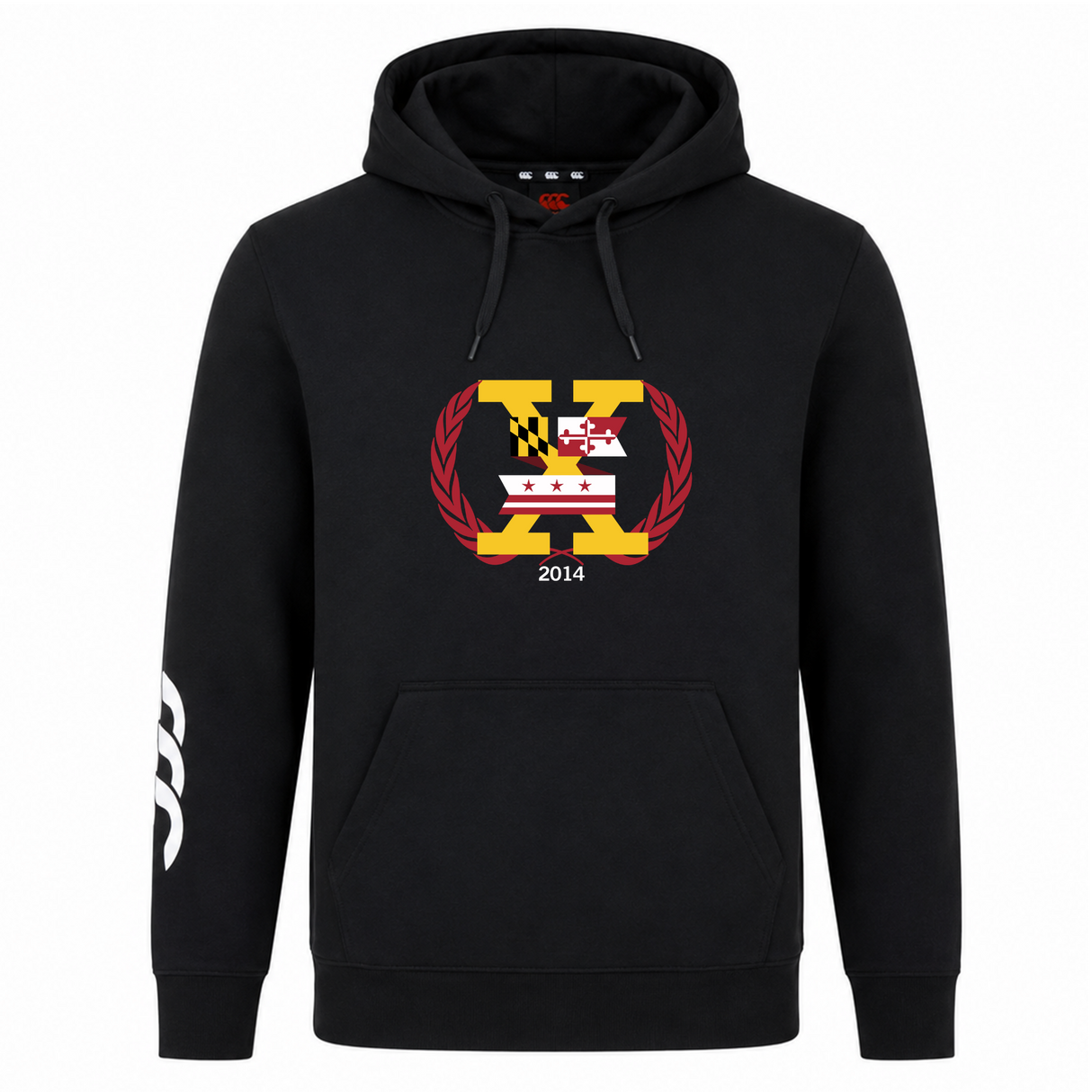 The Potomac Exiles Rugby Club Club Hoodie by Canterbury, from WRS Canterbury, features a classic black design with a front pocket and a distinctive "N" crest adorned with Maryland and DC flags, laurel wreath detail, and "2014" text. Crafted from soft sweatshirt fleece for maximum comfort, this custom hoodie also showcases a bold white graphic on the left sleeve—perfect for those who love standout style with authentic rugby club vibes.