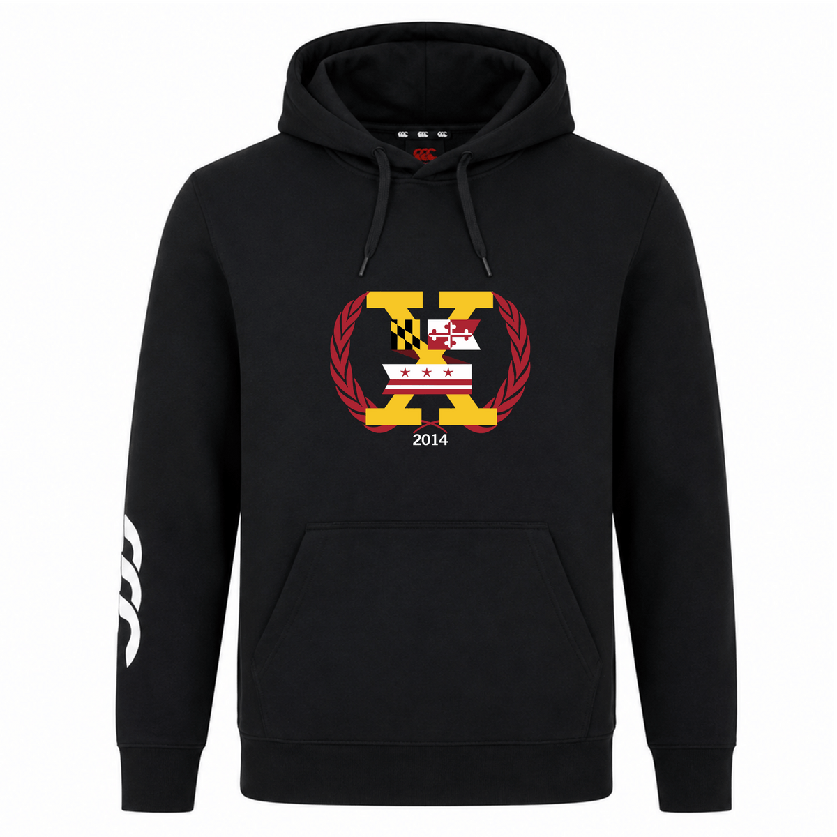 The Potomac Exiles Rugby Club Club Hoodie by Canterbury, from WRS Canterbury, features a classic black design with a front pocket and a distinctive "N" crest adorned with Maryland and DC flags, laurel wreath detail, and "2014" text. Crafted from soft sweatshirt fleece for maximum comfort, this custom hoodie also showcases a bold white graphic on the left sleeve—perfect for those who love standout style with authentic rugby club vibes.
