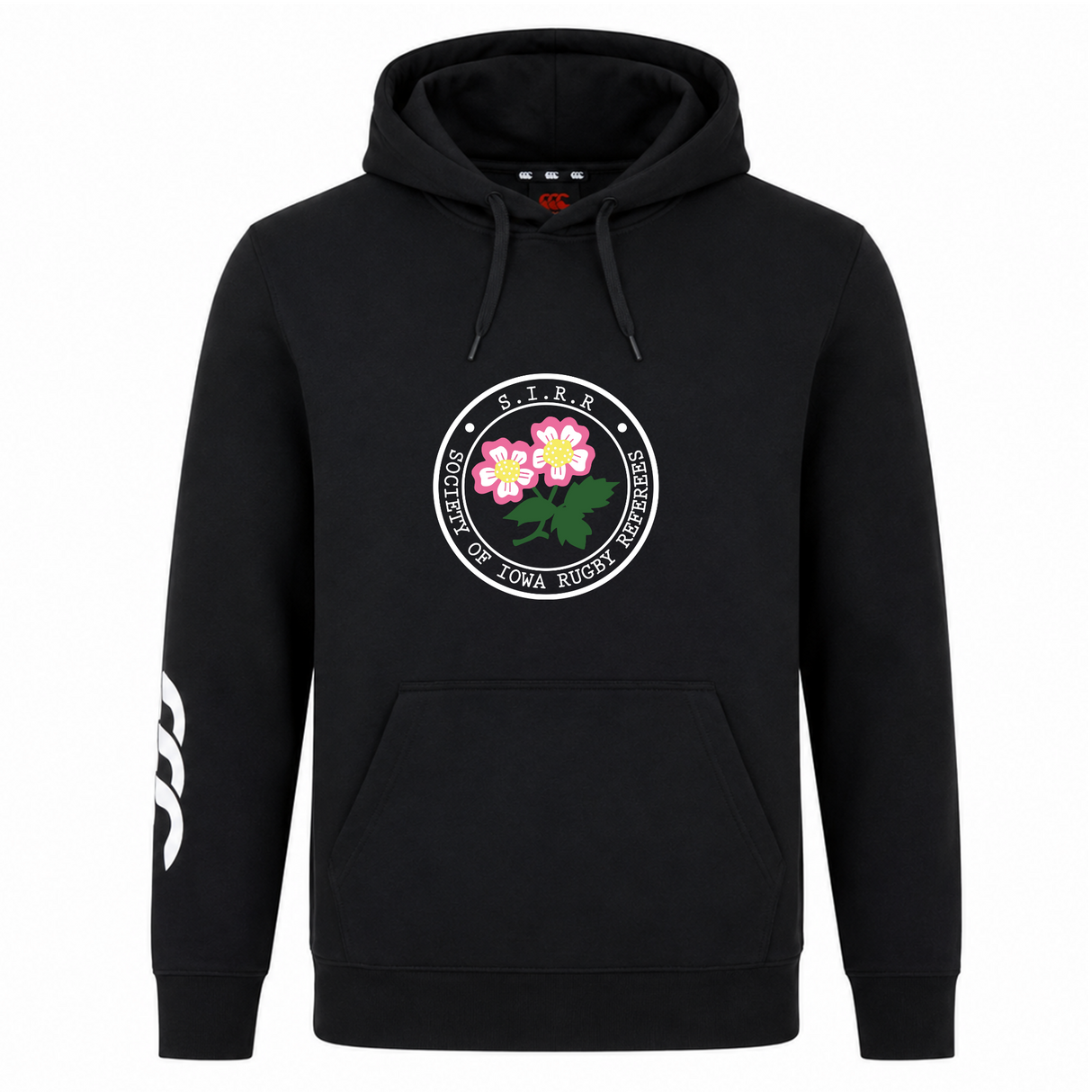 Introducing the Society of Iowa Rugby Referees Club Hoodie by Canterbury—a black hoodie from WRS Canterbury featuring a circular “Society of Iowa Rugby Referees” logo with pink flowers on the chest and three white curved stripes on the right sleeve. A stylish choice for rugby fans and players alike.