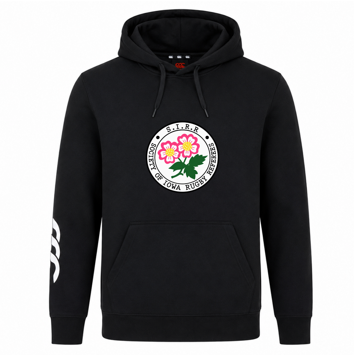 The Society of Iowa Rugby Referees Club Hoodie by Canterbury from WRS Canterbury is a black hoodie featuring a front pocket, the Society of Iowa Rugby Referees logo on the chest, and an eye-catching white three-stripe design on the right sleeve—an ideal addition to any rugby club hoodie collection.