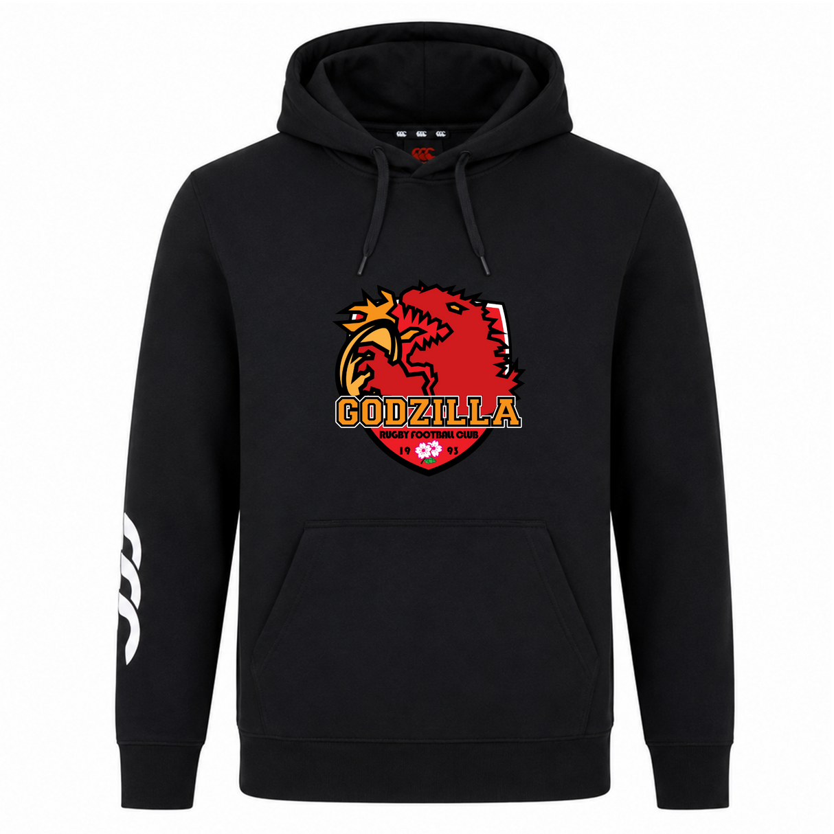 The Godzilla Rugby Football Club Club Hoodie by Canterbury from WRS Canterbury is a black rugby hoodie featuring a striking red dragon crest and “Godzilla Rugby Football Club” text on the chest, along with a distinctive white triple-stripe logo on the right sleeve—perfect for fans seeking a custom hoodie inspired by classic Canterbury style.