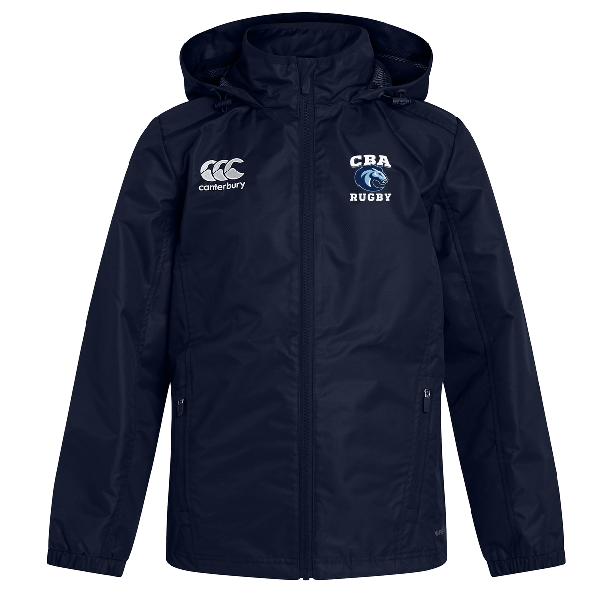 The Christian Brothers Academy Rugby Club Vaposhield Stadium Jacket by EMB Canterbury features navy blue color, Canterbury and CBA Rugby logos, a front zip, side pockets, and Vaposhield technology for water-repellent protection.