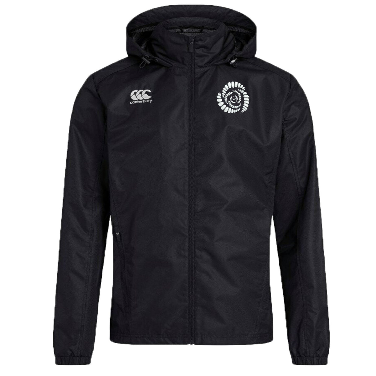 A Missoula All-Maggots Club Vaposhield Full Zip Rain Jacket by EMB Canterbury—a black hooded rugby rain jacket featuring a white Canterbury logo on the right chest and a white stylized emblem on the left chest—displayed on a plain background.
