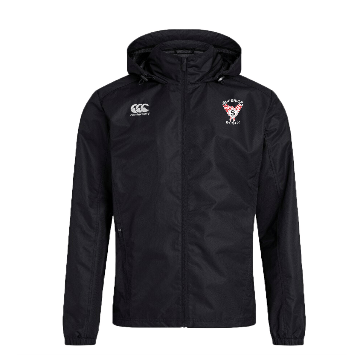 The Superior Rugby Club Vaposhield Full Zip Rain Jacket by EMB Canterbury features the club logo, Canterbury branding, and VapoShield water-resistant technology for enhanced protection.