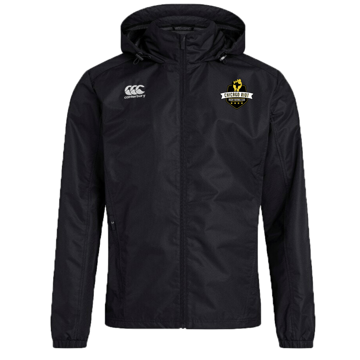 The Chicago Riot Club Vaposhield Full Zip Rain Jacket by EMB Canterbury is a black rain jacket with a hood, featuring the Canterbury logo on the right chest and the Chicago Riot Rugby logo on the left chest.