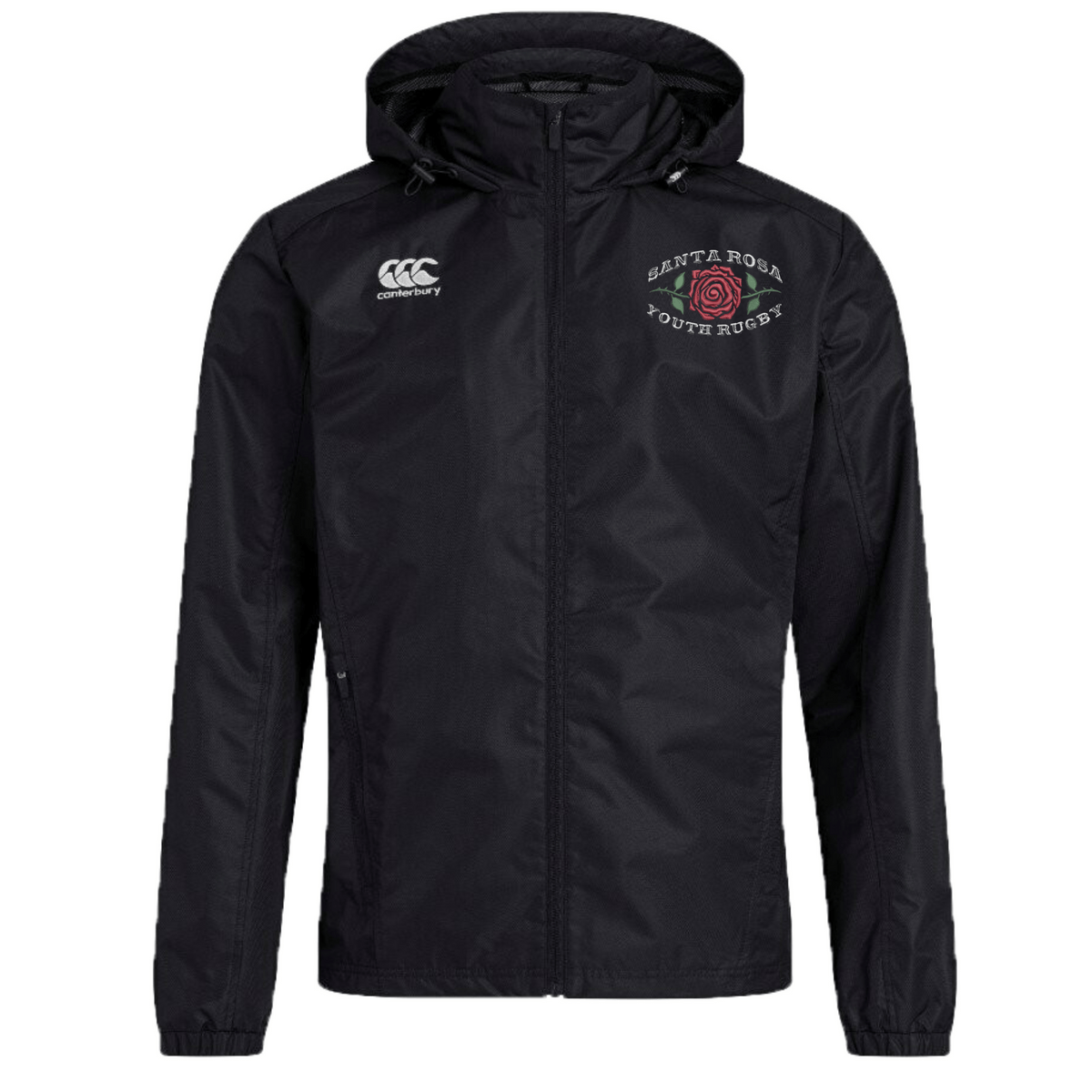 Introducing the Santa Rosa Youth Rugby Club Vaposhield Full Zip Rain Jacket by EMB Canterbury—this black hooded rain jacket showcases a white “Canterbury” logo and the “Santa Rosa Youth Rugby” crest with a red rose on the left chest. Crafted with VapoShield technology, it delivers exceptional water resistance and superior protection against the elements.
