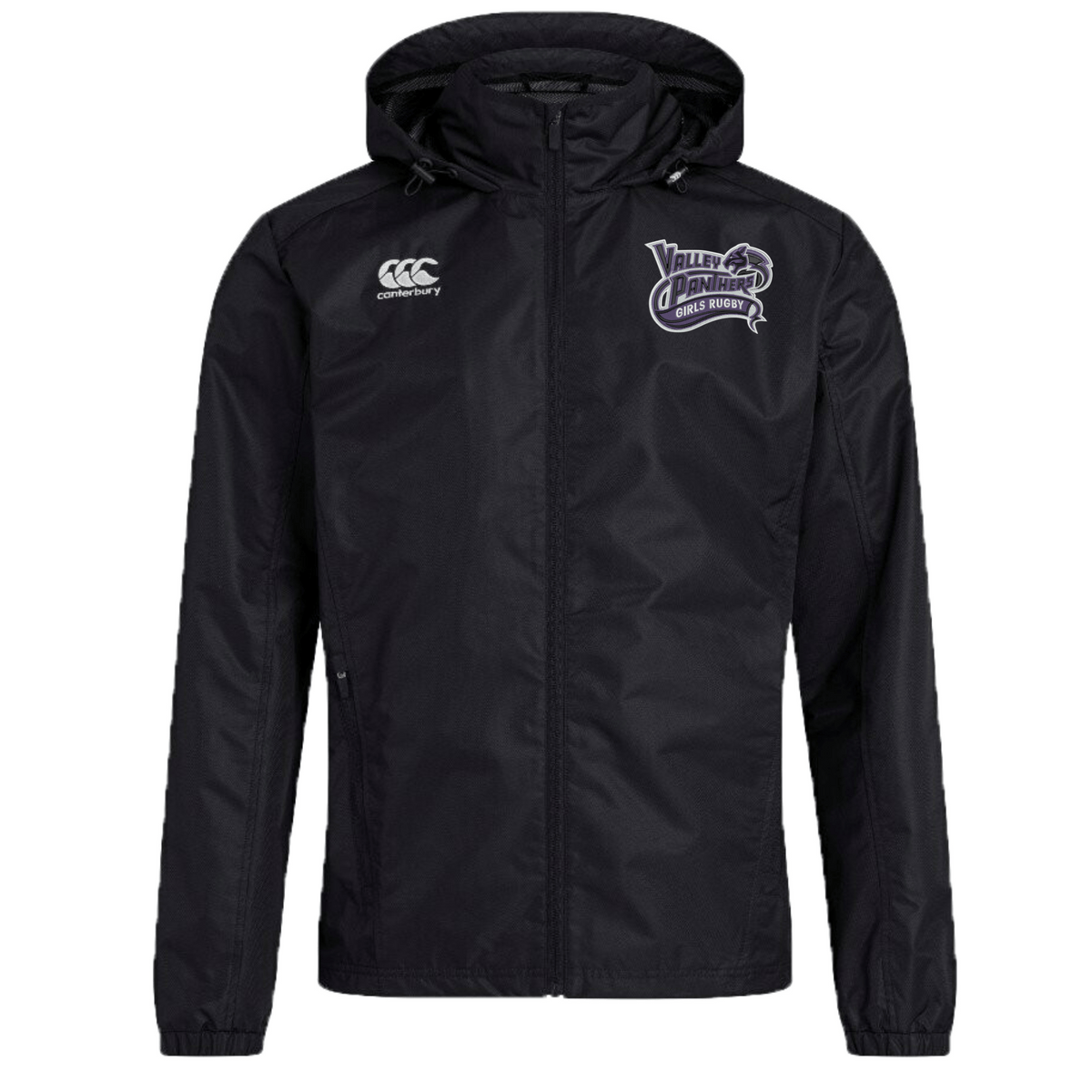 A black water-resistant Valley Panthers Girls Rugby Club Vaposhield Full Zip Rain Jacket by EMB Canterbury, featuring a zip front and crafted with VapoShield technology for superior protection. The jacket displays the Canterbury logo on the right chest and a “Valley Dawgs Cross House” emblem on the left chest.