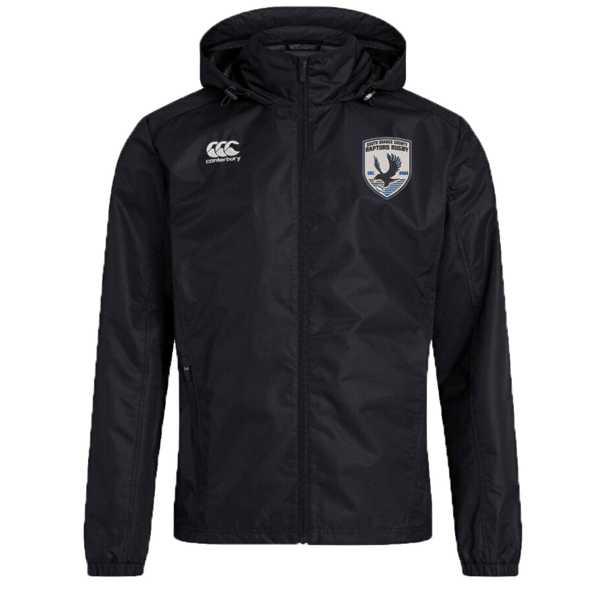 The South Orange County Raptors Club Vaposhield Full Zip Rain Jacket by Canterbury is a black hooded rugby rain jacket featuring a white EMB Canterbury logo on the right chest and the South Orange County Raptors team crest with a bird on the left chest. This water resistant jacket incorporates VapoShield technology to help keep you dry and comfortable in wet conditions.