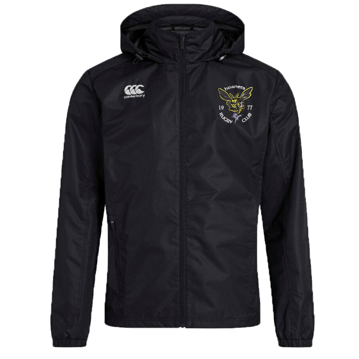 Hornets Rugby Club 1977 Club Vaposhield Full Zip Rain Jacket by EMB Canterbury is a black hooded rain jacket with a zip front, featuring the Canterbury logo on the right chest and a Hornets Rugby Club emblem with "1977" on the left chest. This water-resistant jacket is equipped with VapoShield technology to keep you comfortable and dry in wet conditions.