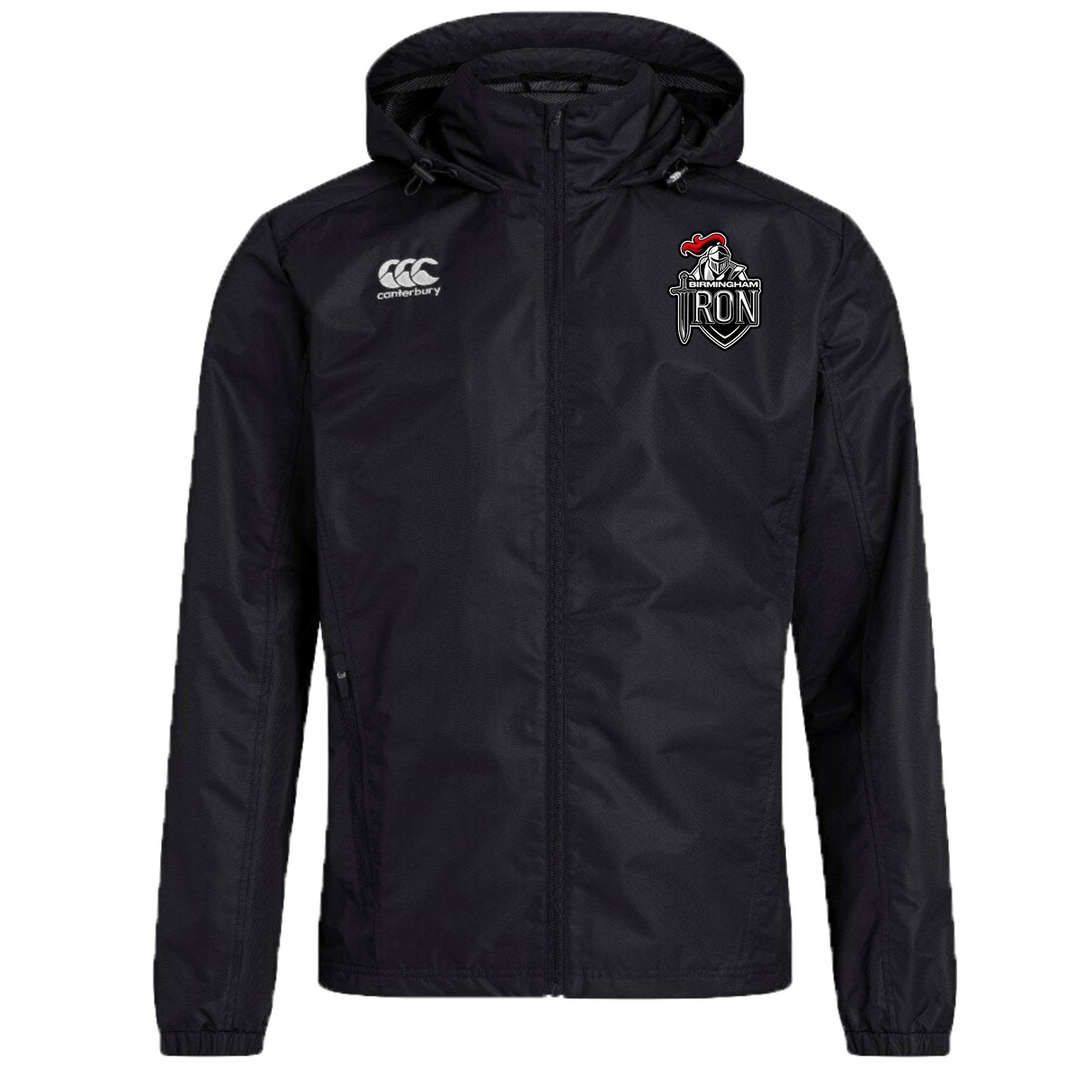 The Birmingham Iron Women’s Football Club Vaposhield Full Zip Rain Jacket by EMB Canterbury is a black hooded zip-up featuring the Canterbury logo on the right chest, team logo on the left, and VapoShield technology for water resistance.