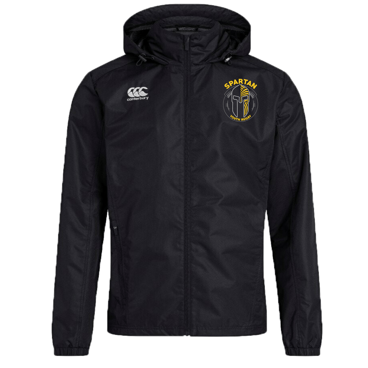 The Spartan Youth Rugby Club Vaposhield Full Zip Rain Jacket by EMB Canterbury features VapoShield tech, a front zipper, a white "Canterbury" logo on the right chest, and a yellow "SPARTAN" emblem on the left chest.