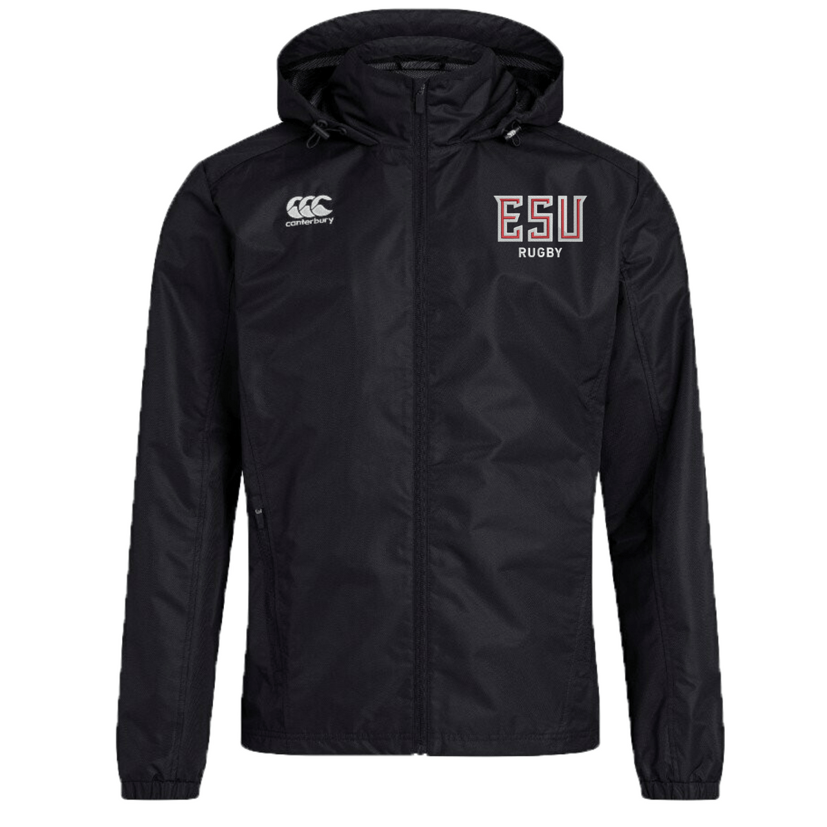 The East Stroudsburg University Club Vaposhield Full Zip Rain Jacket by EMB Canterbury features water-resistant VapoShield technology, "ESU Rugby" embroidered on the left chest, and the Canterbury logo on the right chest.