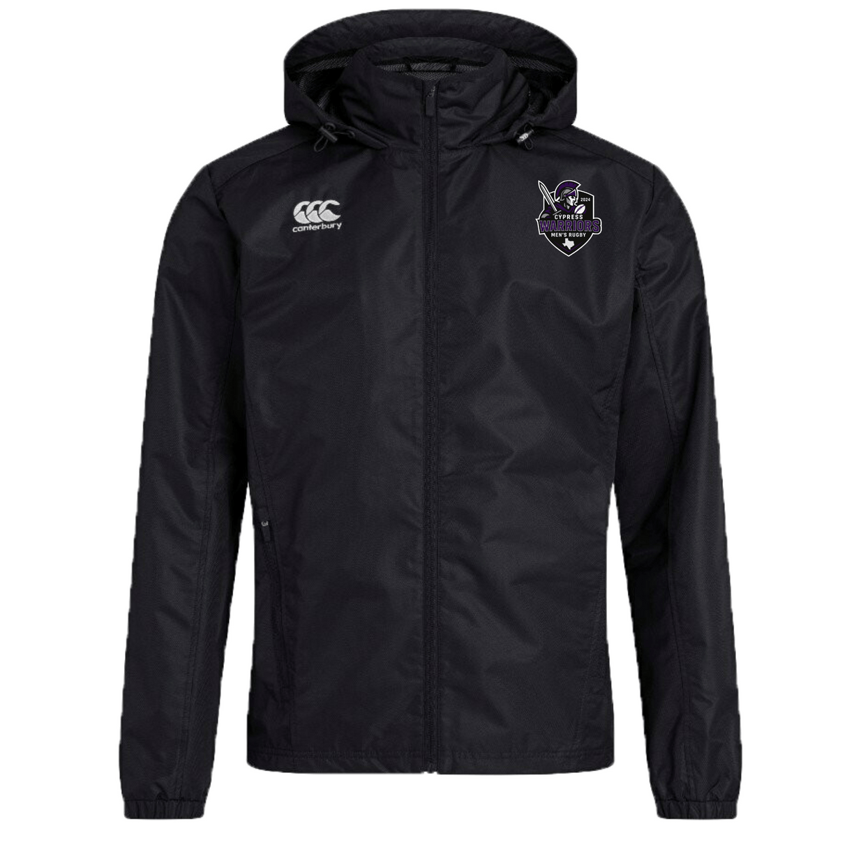 The Cypress Warriors Men's Rugby Club Vaposhield Full Zip Rain Jacket by EMB Canterbury is a black, water-resistant jacket with a front zipper, Canterbury logo on the right chest, and a stylized bird badge on the left.