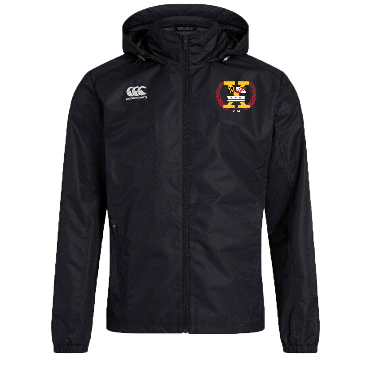 Introducing the Potomac Exiles Rugby Club Club Vaposhield Full Zip Rain Jacket by EMB Canterbury—a black full-zip rugby rain jacket featuring the Canterbury logo on the right chest and an embroidered crest with a yellow "H" and "2024" on the left chest. Crafted with VapoShield technology, this water-resistant jacket is perfect for unpredictable weather.