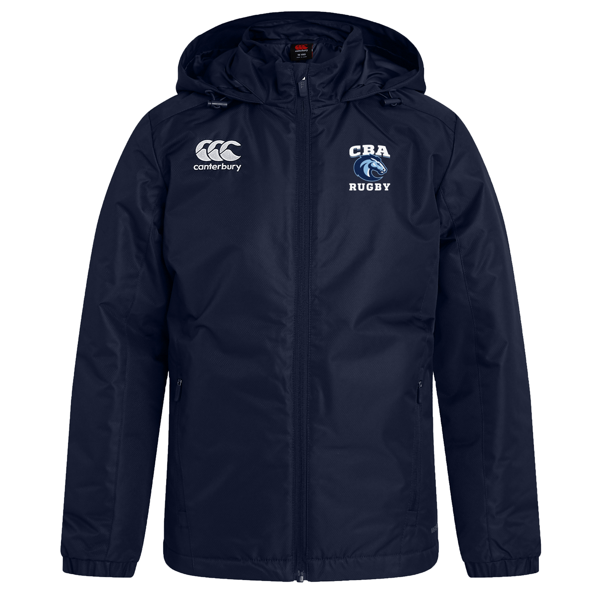 The Christian Brothers Academy Rugby Club Vaposhield Full Zip Rain Jacket by EMB Canterbury features a hood, the "Canterbury" logo on the left chest, and the "CEA Rugby" logo on the right. Its VapoShield design offers water resistance, ideal for wet conditions.
