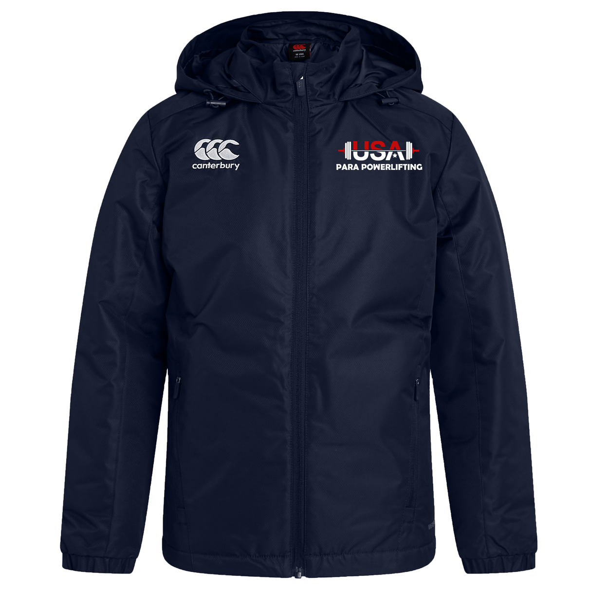 Stay dry and warm in the EMB Canterbury USA Para Powerlifting Club Vaposhield Stadium Jacket—navy blue, padded insulation, right-chest Canterbury logo, left-chest "USA Para Powerlifting" with barbell graphic.