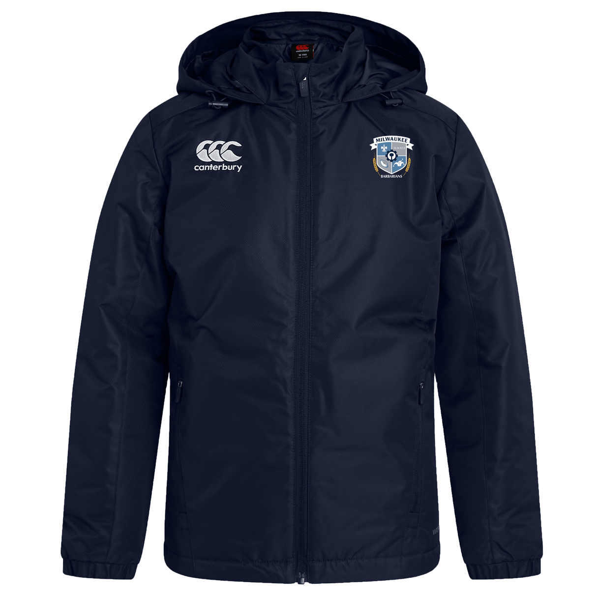 The Milwaukee Barbarians Rugby Club Vaposhield Stadium Jacket by EMB Canterbury is a navy blue padded jacket with the Canterbury logo on the right chest and a fox and football crest on the left chest.
