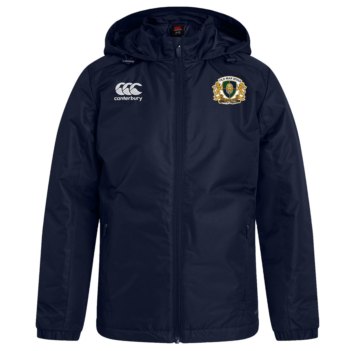Stay warm in the Old Man Rivah Rugby Club Vaposhield Stadium Jacket by Canterbury, featuring padded insulation, a white EMB Canterbury logo on the right chest, and an embroidered crest with text on the left chest.