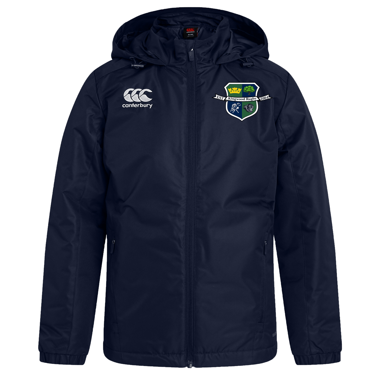 The Kingwood Rugby Club Vaposhield Stadium Jacket by EMB Canterbury features a zip front, water-repellent finish, Canterbury logo on the right chest, and a school crest with crown and shield on the left chest.
