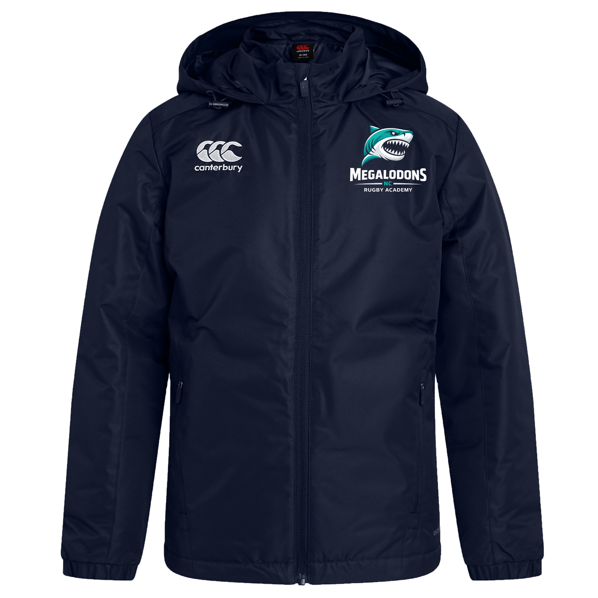The EMB Canterbury NC Rugby Academy - Megalodons Club Vaposhield Stadium Jacket features a navy blue, hooded, water-repellent design with academy logos on the chest.