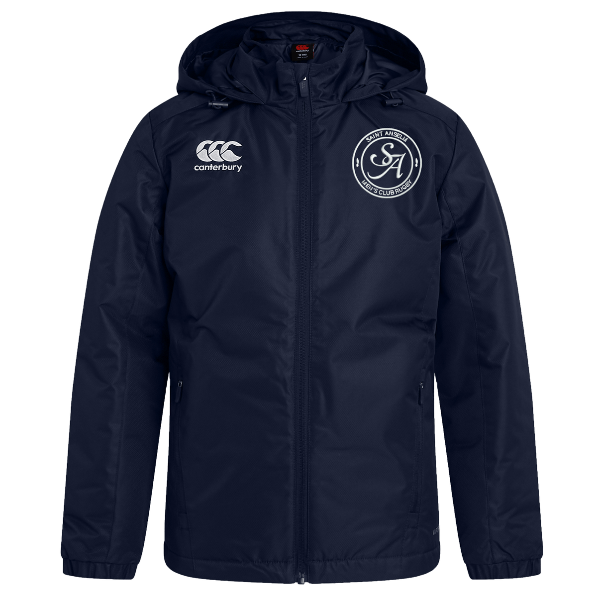 The EMB Canterbury Saint Anselm College Rugby Club Vaposhield Stadium Jacket is navy blue, padded, insulated, and features a white Canterbury logo on the right chest with a circular club crest on the left—ideal for rugby stadium wear.