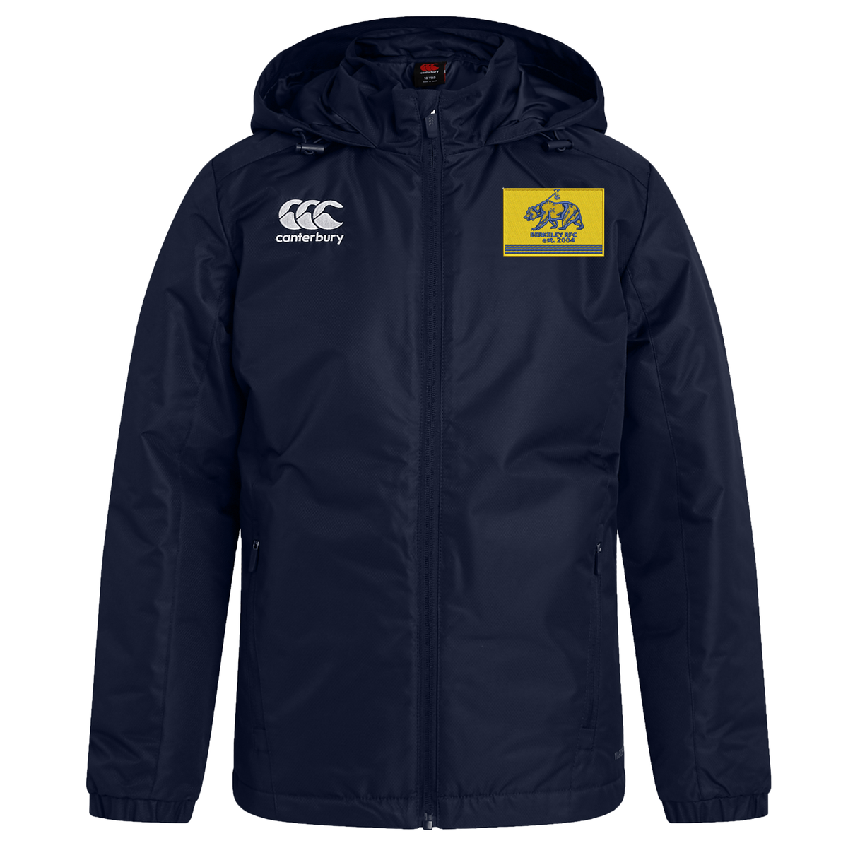Navy blue water repellent Berkeley RFC Club Vaposhield Stadium Jacket by Canterbury with a white logo on the right chest and a yellow bear graphic patch labeled “Berkeley RFC” on the left chest.