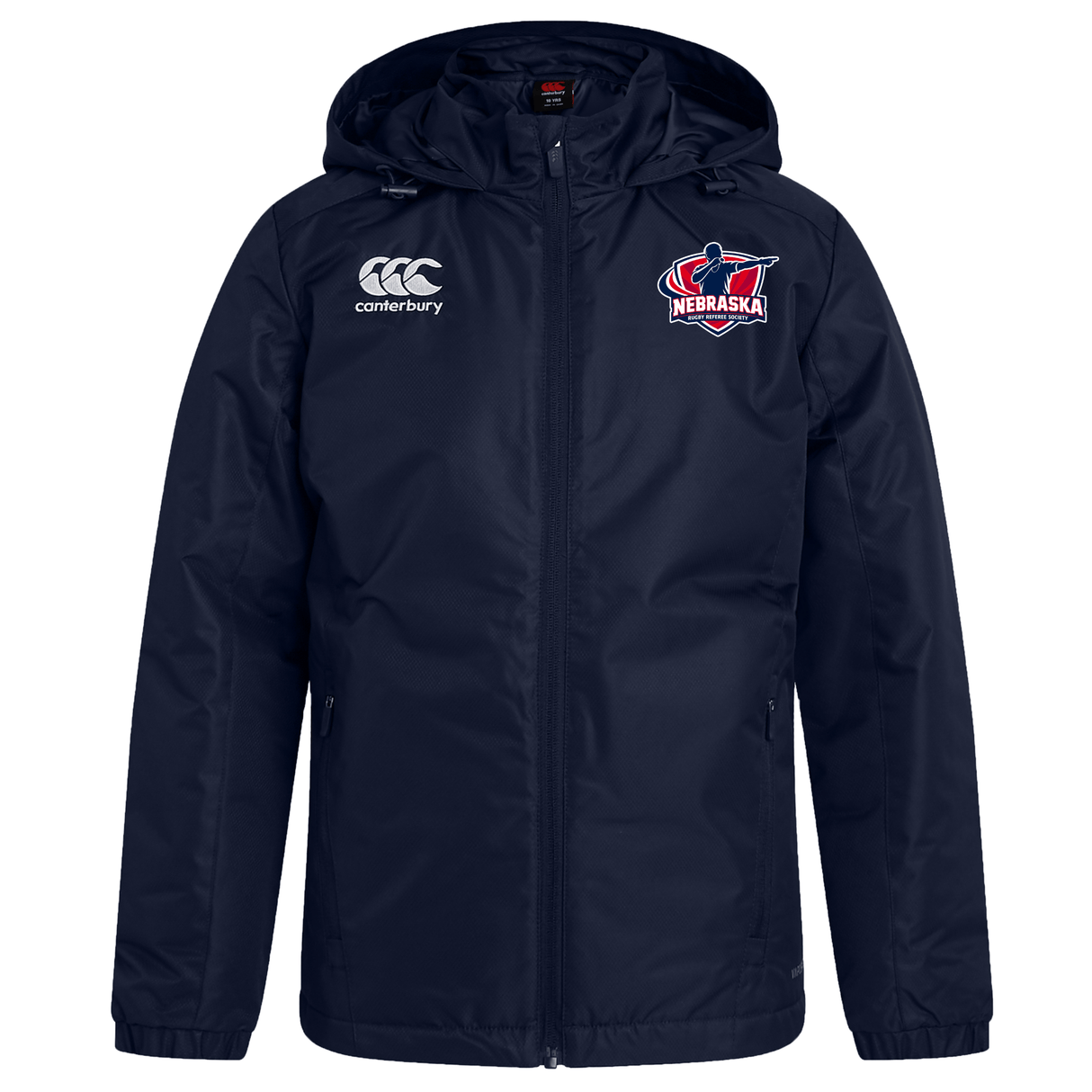 The EMB Canterbury Nebraska Rugby Referee Society Club Vaposhield Stadium Jacket is a navy blue zip-up with hood, water repellent, and features Canterbury branding with a Nebraska rugby logo—ideal for staying dry and warm at games.