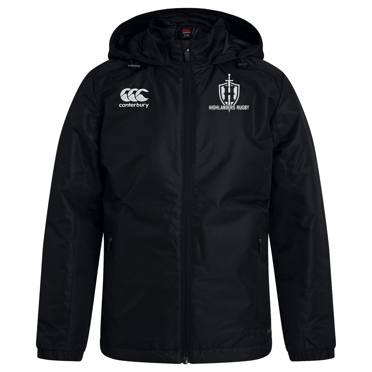 The Highlanders Rugby NC Club Vaposhield Stadium Jacket by Canterbury, featuring the Highlanders Rugby logo on the left chest and the Canterbury logo on the right chest, comes in black with a hood and padded insulation for added warmth.