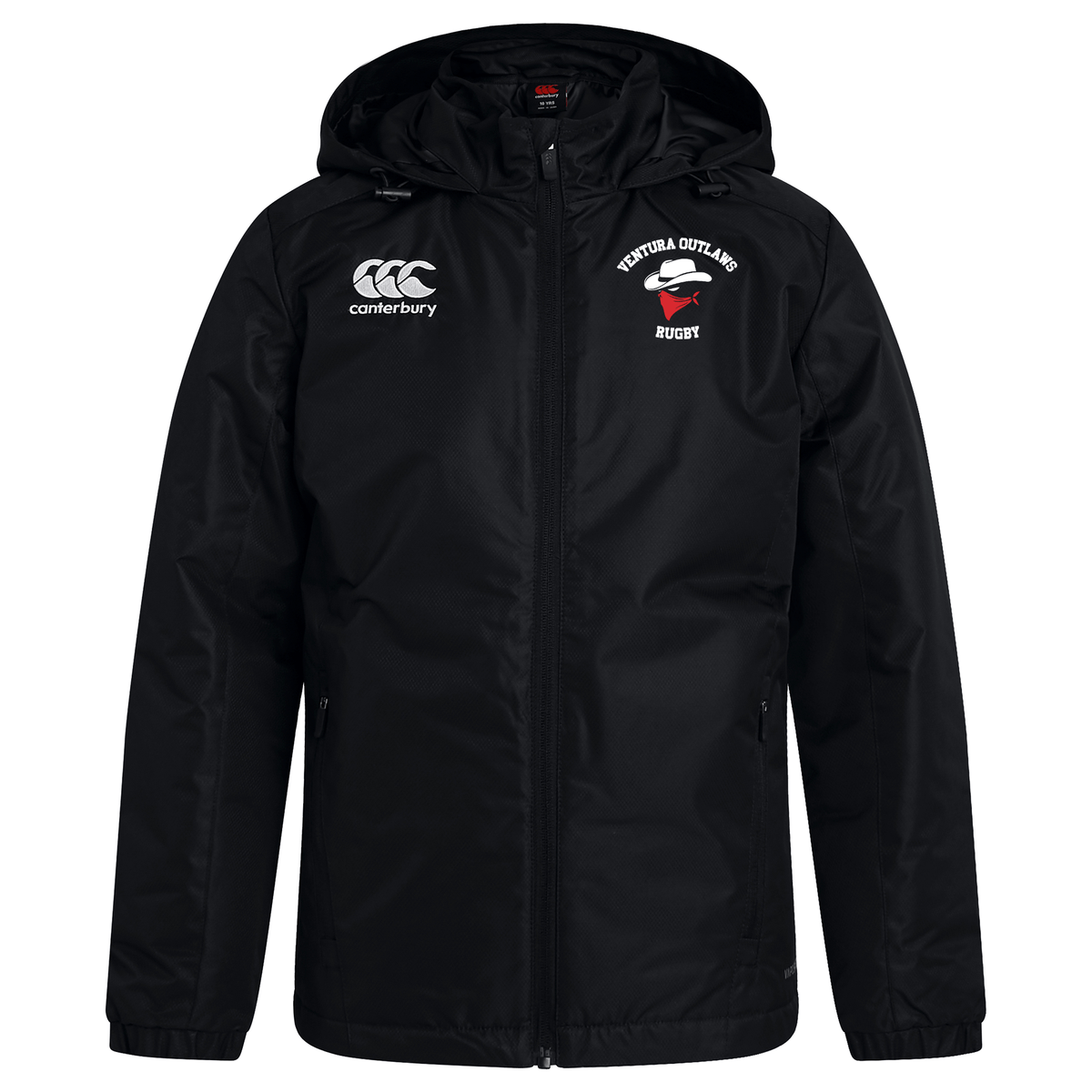 The Ventura Outlaws Rugby Club Vaposhield Full Zip Rain Jacket by Canterbury, from EMB Canterbury, features a black hooded design with "Ventura Outlaws Rugby" and logo on the right chest, and Canterbury logo on the left. This water-resistant rain jacket includes VapoShield technology, a front zipper, side pockets, and lightweight mesh lining for added comfort.