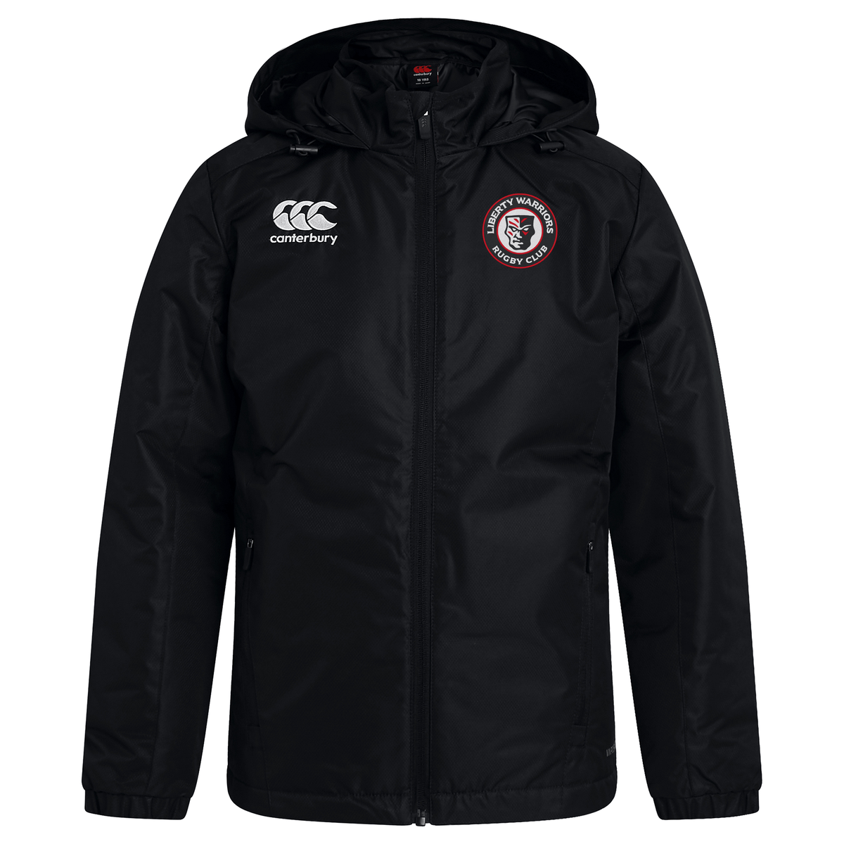 The Liberty Lake Warriors Club Vaposhield Stadium Jacket by EMB Canterbury is a black hooded piece with the club logo on the chest and the Canterbury brand logo. It is enhanced with Vaposhield technology to provide water-repellent protection, ensuring ultimate comfort in any weather.