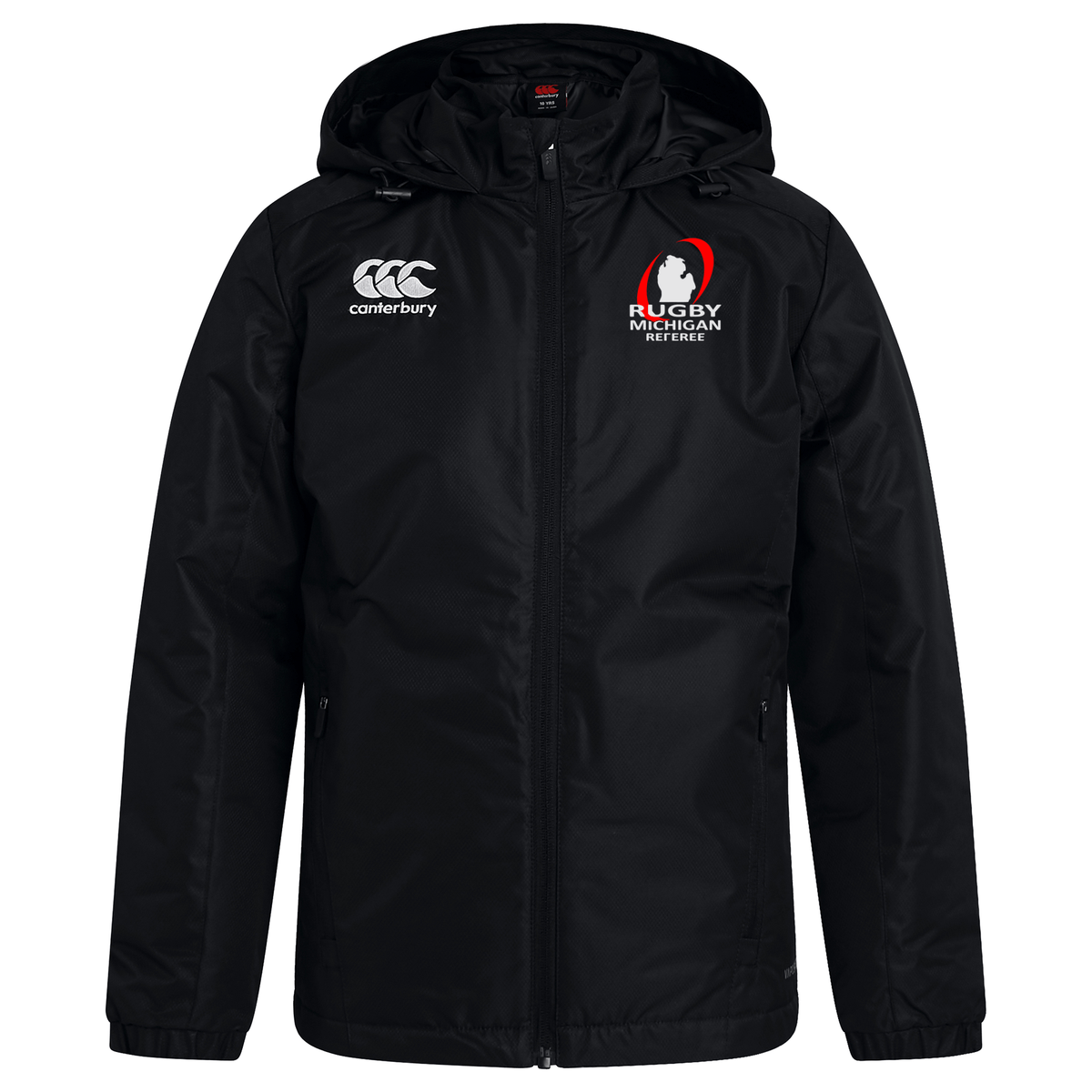 The Rugby Michigan Referee Society Club Vaposhield Stadium Jacket by EMB Canterbury is a black hooded piece featuring the "Canterbury" logo and the "Rugby Michigan Referee" emblem on the chest. Designed with Vaposhield technology, this water-repellent jacket keeps you dry and comfortable in any weather.