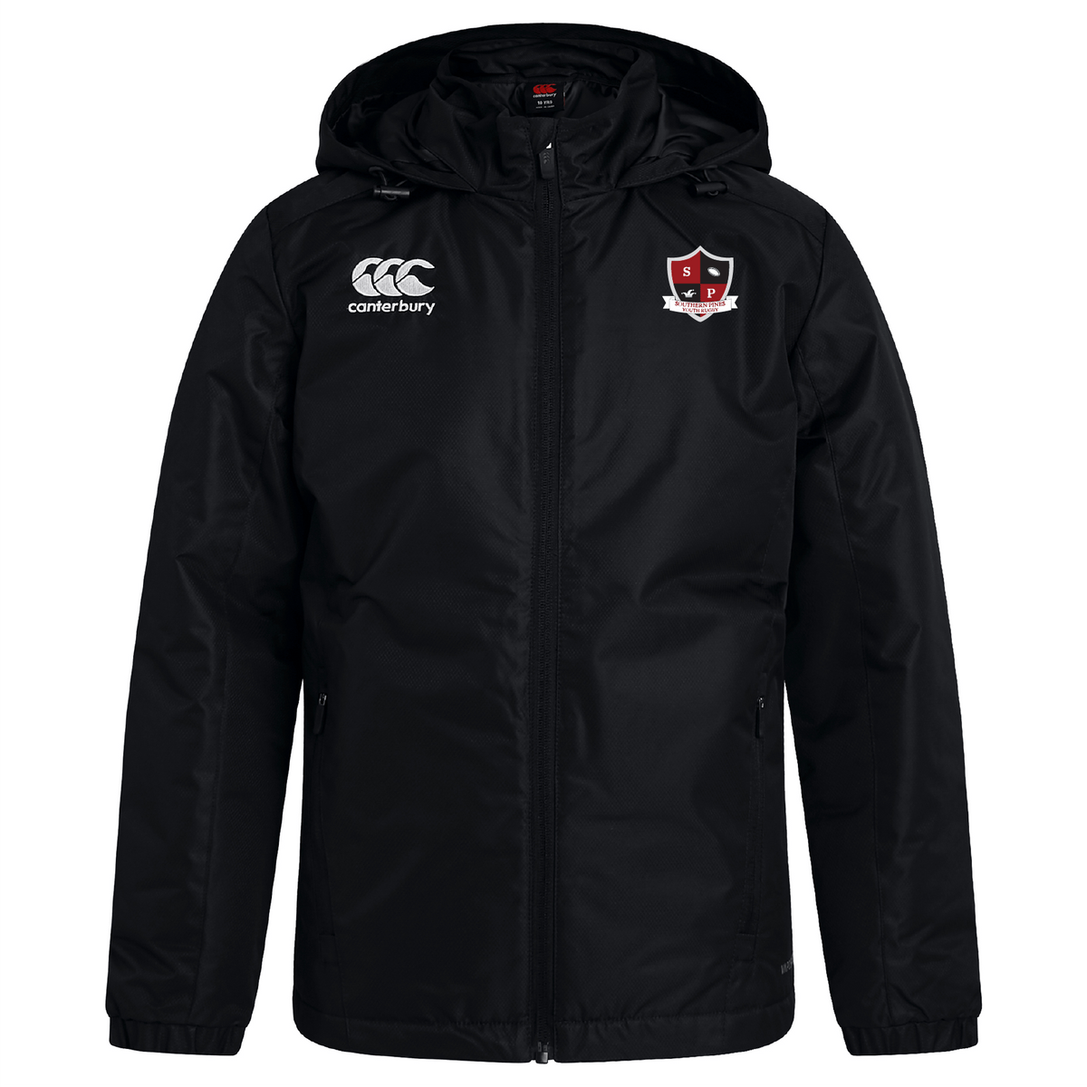 The Southern Pines Youth Rugby Club Vaposhield Stadium Jacket by EMB Canterbury features a black hood, Canterbury logo on the left chest, a red and white emblem on the right, and utilizes Vaposhield technology for superior water repellency.