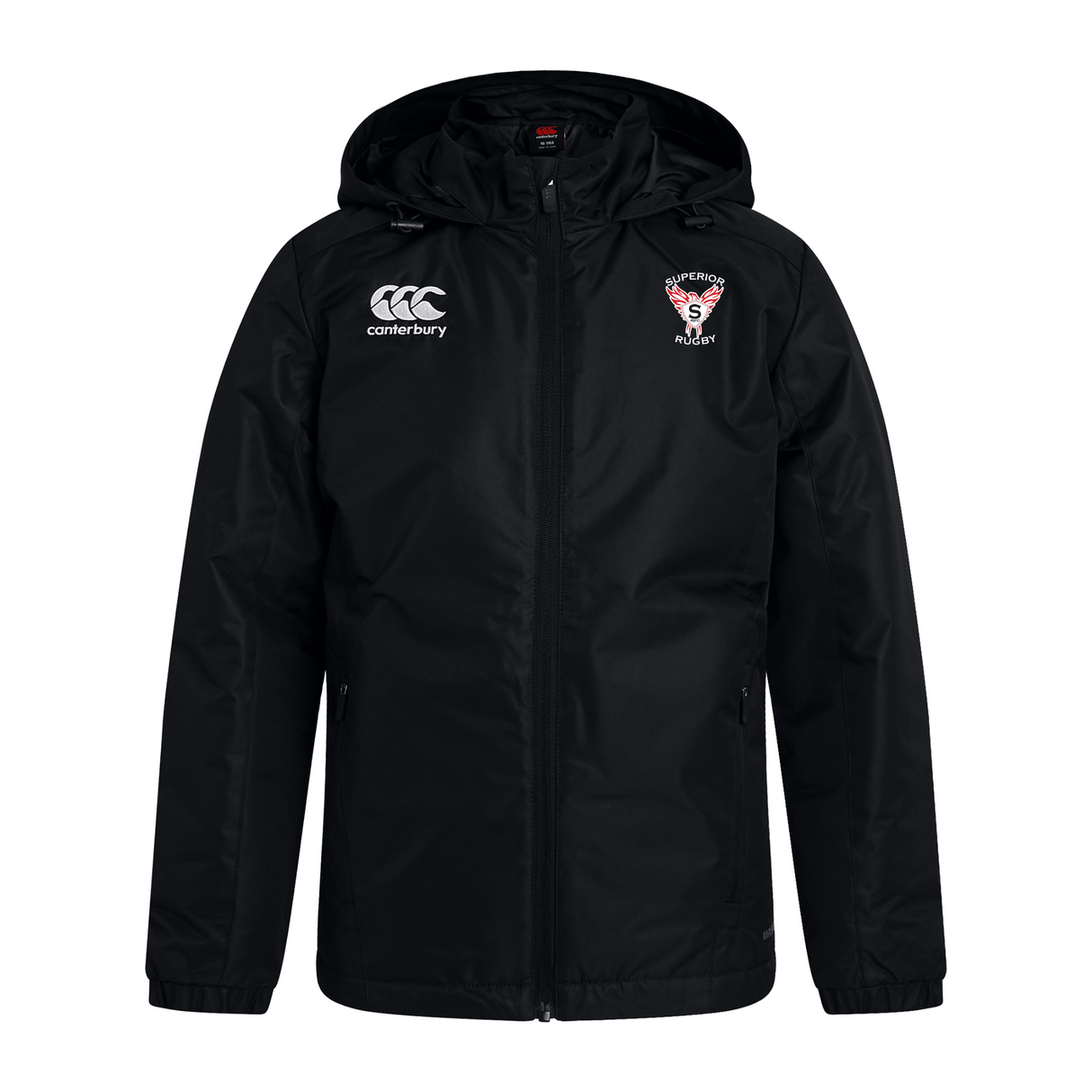 The Superior Rugby Club Vaposhield Stadium Jacket by EMB Canterbury features a black hood, front zipper, water-repellent fabric, Canterbury logo on the right chest, and a sports team crest on the left.