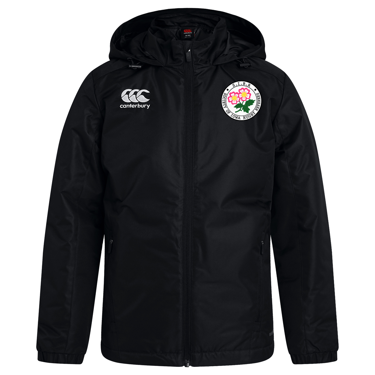 Society of Iowa Rugby Referees Club Vaposhield Stadium Jacket by Canterbury, from EMB Canterbury, is a black hooded jacket featuring a front zipper, the Canterbury logo on the right chest, and a round embroidered patch on the left chest with a red rose and “Society of Iowa Rugby Referees Club.” This rugby stadium jacket provides padded insulation for added warmth, making it perfect for chilly match days.